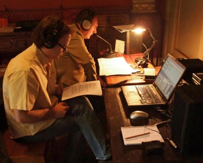 Martin Souter (far) and David Skinner (near) recording 'A Christmas Carol'